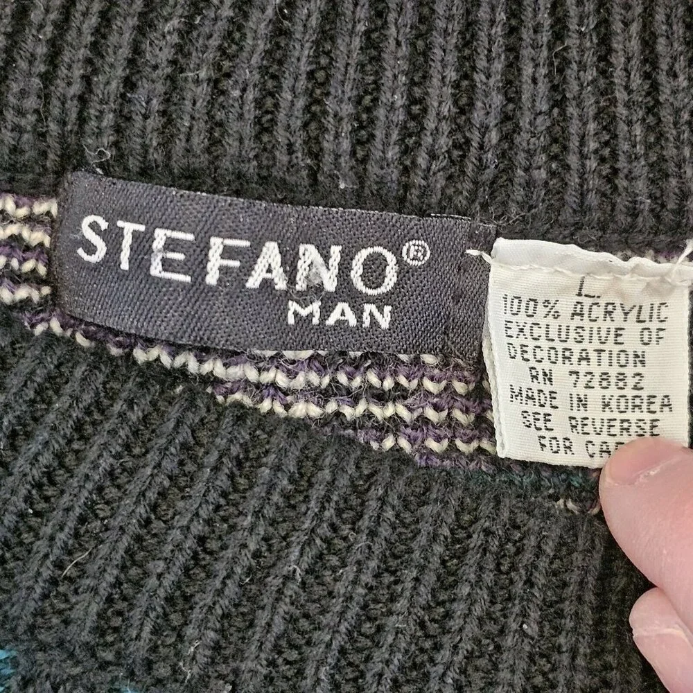 Vintage 80s 90s Mens Large Dad Sweater Faux‎ Leather Patches Geometric Retro